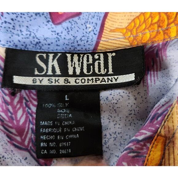 SK & Co Blouse Silk Print Size Large Long Sleeve Collared Button Down Shirt Blue - Picture 2 of 11